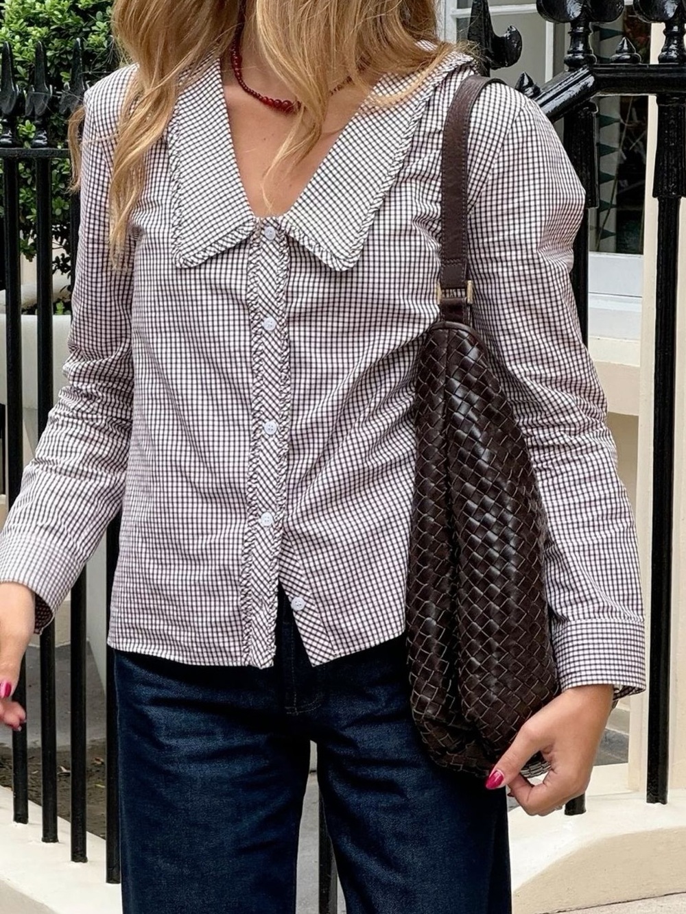 ZARA Gingham Statement Peter Pan Collar Burgundy White Blouse